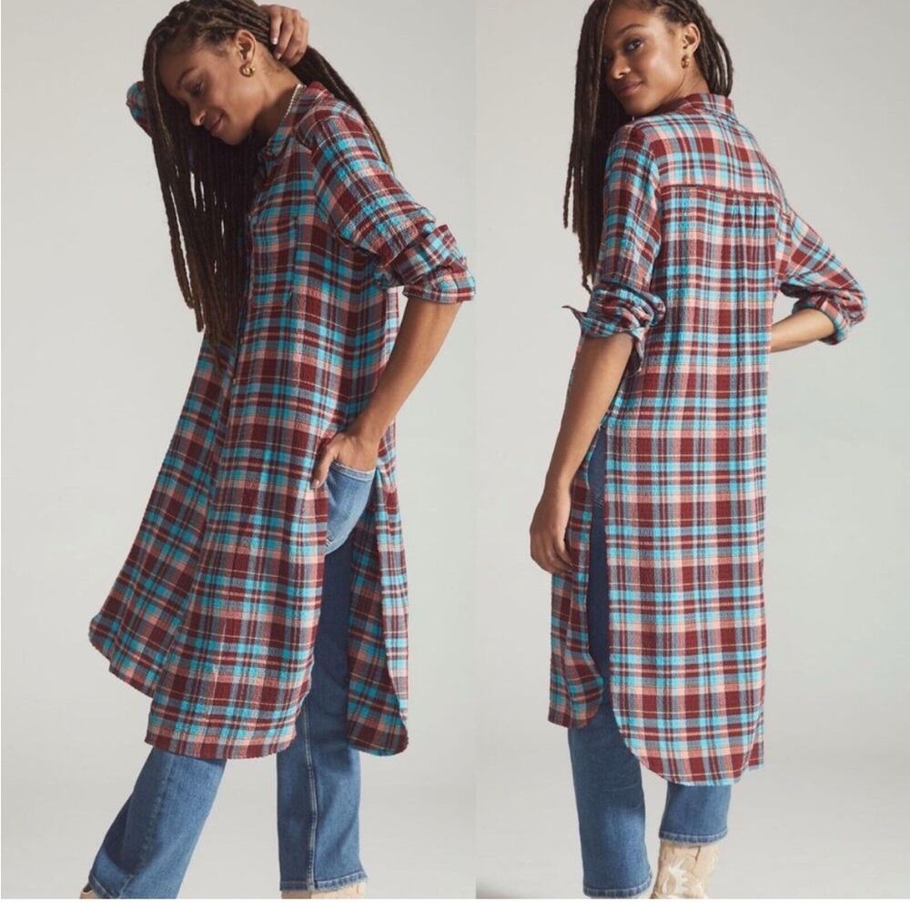 Pilcro Longline Plaid Button Down Anthropologie Terracotta & Turquoise